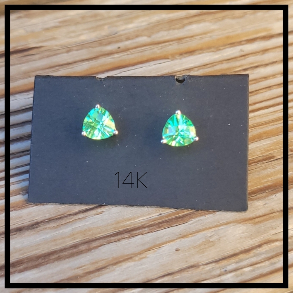 14K White Gold Pear / Trillion Cut Genuine Gemstone Stud Earrings 1.17 Grams